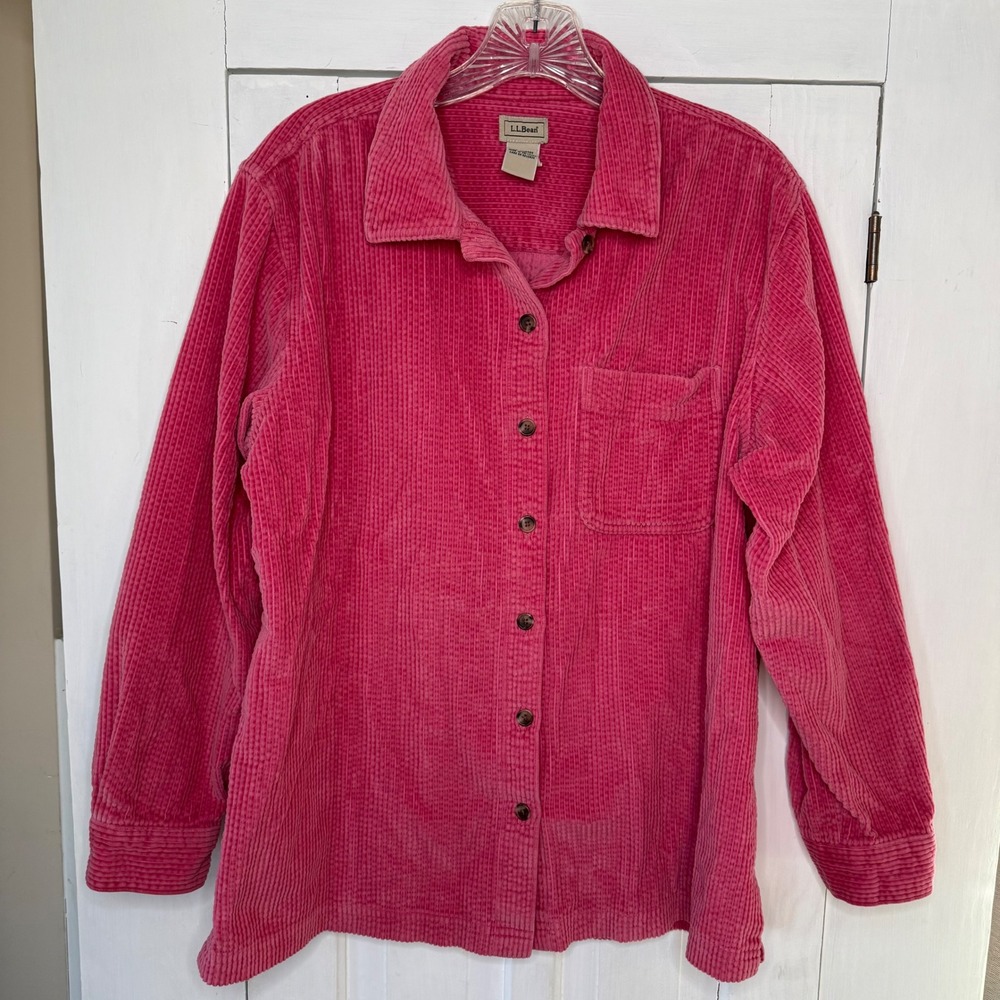 LL Bean Shirt Jacket Women's Medium Pink Corduroy Button Up Front Pocket Shacket